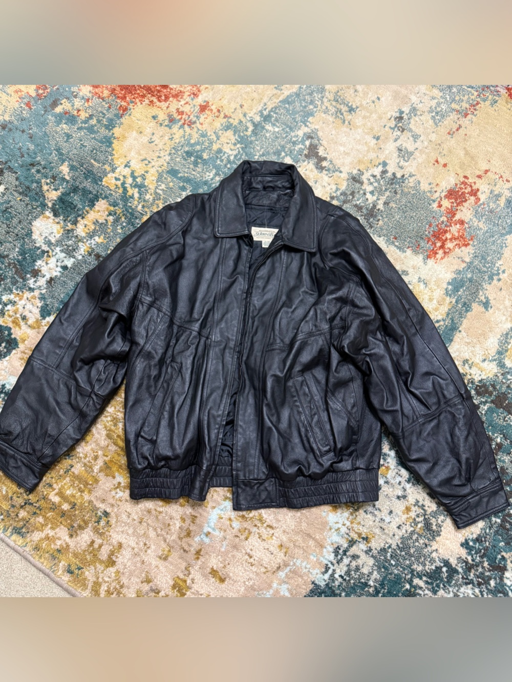 St. John’s Bay Men’s XL Black Genuine Leather Jacket Zip Front Classic Bomber